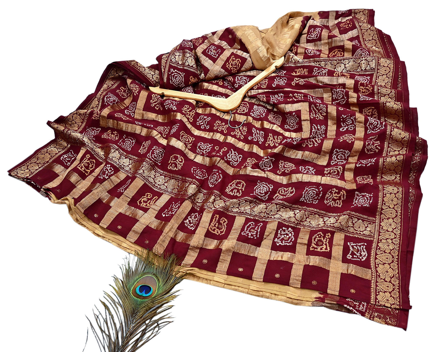 Indian Vintage Sari Beige & Maroon Pure Cotton Hand woven Bandhani Gharchola Sarees Ethnic Zardozi/Dabka Zari Wedding Saree