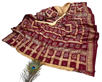 Indian Vintage Sari Beige & Maroon Pure Cotton Hand woven Bandhani Gharchola Sarees Ethnic Zardozi/Dabka Zari Wedding Saree