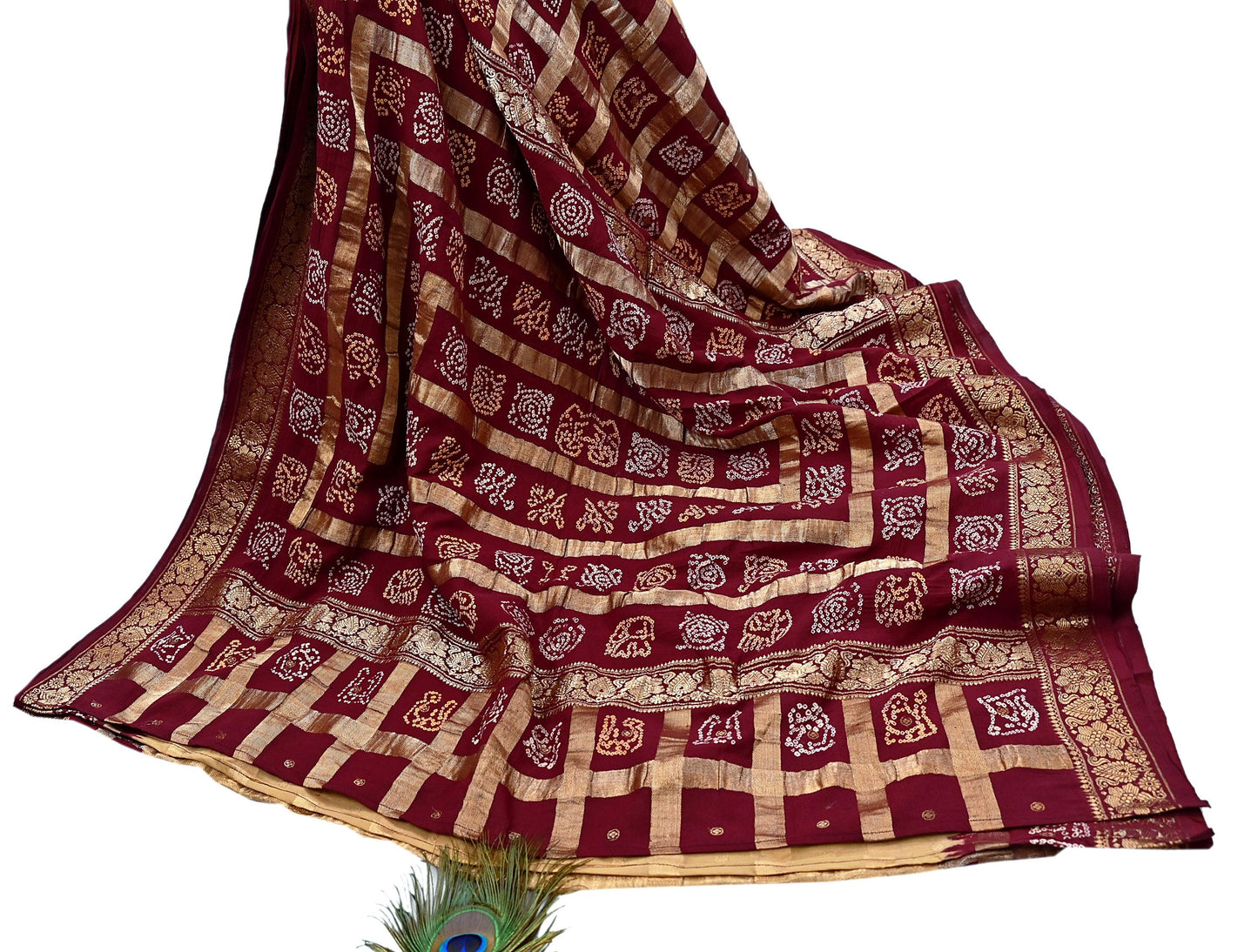 Indian Vintage Sari Beige & Maroon Pure Cotton Hand woven Bandhani Gharchola Sarees Ethnic Zardozi/Dabka Zari Wedding Saree