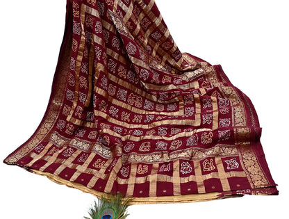 Indian Vintage Sari Beige & Maroon Pure Cotton Hand woven Bandhani Gharchola Sarees Ethnic Zardozi/Dabka Zari Wedding Saree