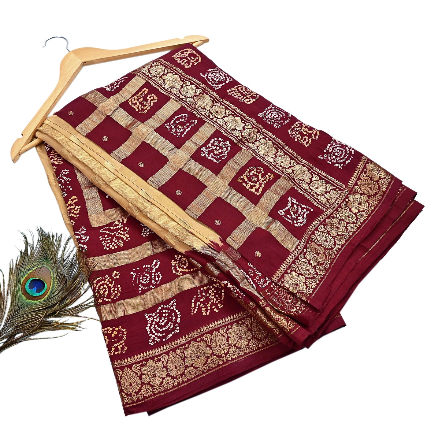 Indian Vintage Sari Beige & Maroon Pure Cotton Hand woven Bandhani Gharchola Sarees Ethnic Zardozi/Dabka Zari Wedding Saree