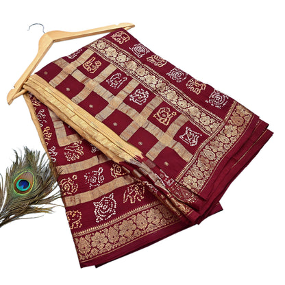 Indian Vintage Sari Beige & Maroon Pure Cotton Hand woven Bandhani Gharchola Sarees Ethnic Zardozi/Dabka Zari Wedding Saree
