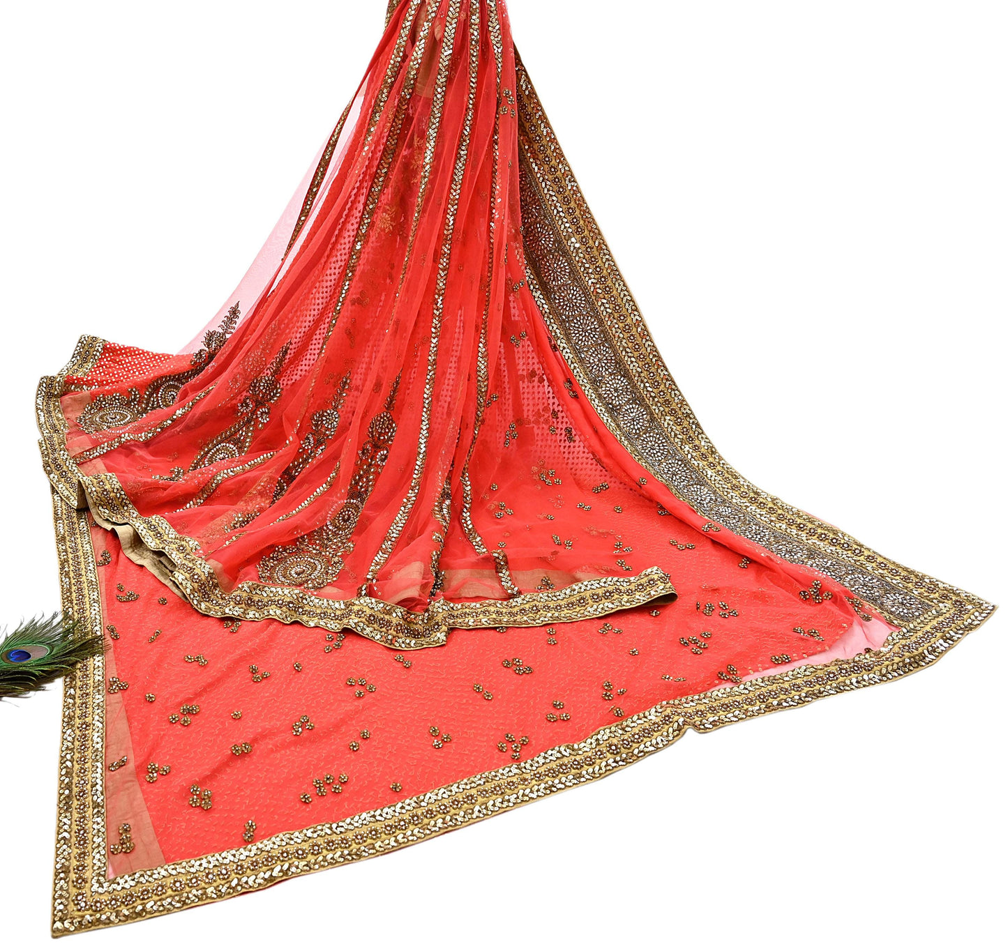 Indian Vintage Sari Orange pure georgette silk Hand Embroidered Designer Sabyasachi Lehenga Sarees Ethnic Wedding Sarees 6yd