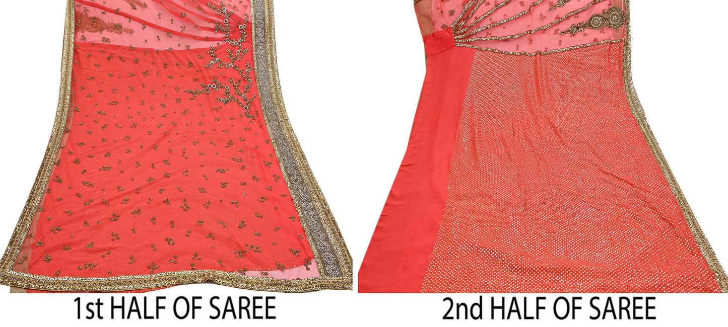 Indian Vintage Sari Orange pure georgette silk Hand Embroidered Designer Sabyasachi Lehenga Sarees Ethnic Wedding Sarees 6yd
