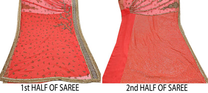 Indian Vintage Sari Orange pure georgette silk Hand Embroidered Designer Sabyasachi Lehenga Sarees Ethnic Wedding Sarees 6yd