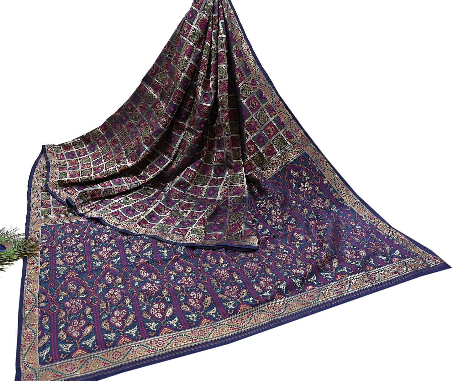 Indian Vintage Sari Blue Heavy Wedding Pure Silk Hand Woven Gharchola Bandhani Sarees Zari 5Yd Craft Fabric Dress Making Crafting