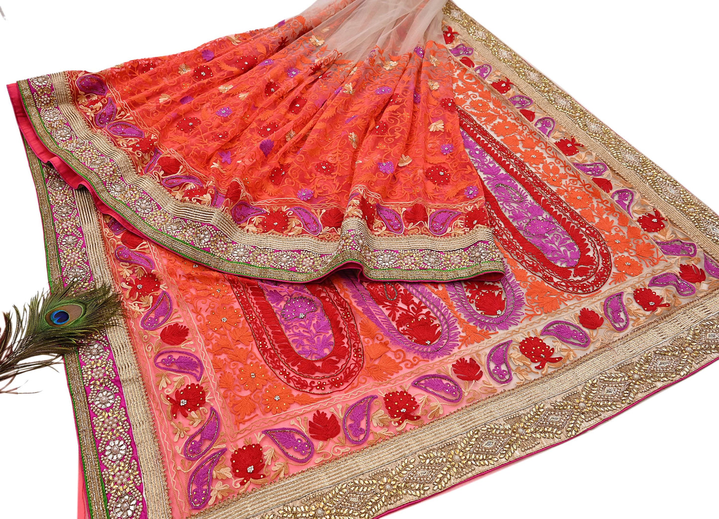 Indian Vintage Sari White & Orange Net/Mesh Hand Embroidered Designer Manish Malhotra Sarees 5Yd Ethnic Zardozi/Dabka Zari Wedding Saree