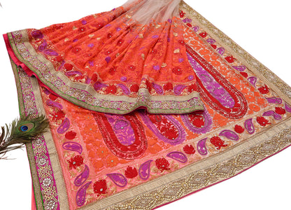 Indian Vintage Sari White & Orange Net/Mesh Hand Embroidered Designer Manish Malhotra Sarees 5Yd Ethnic Zardozi/Dabka Zari Wedding Saree