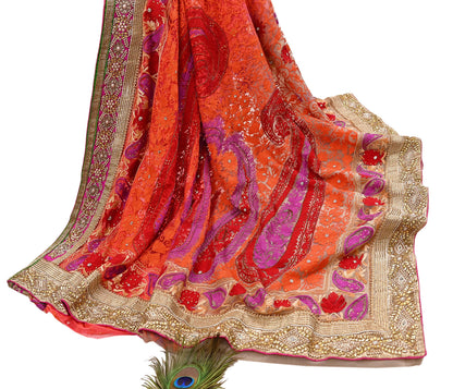 Indian Vintage Sari White & Orange Net/Mesh Hand Embroidered Designer Manish Malhotra Sarees 5Yd Ethnic Zardozi/Dabka Zari Wedding Saree