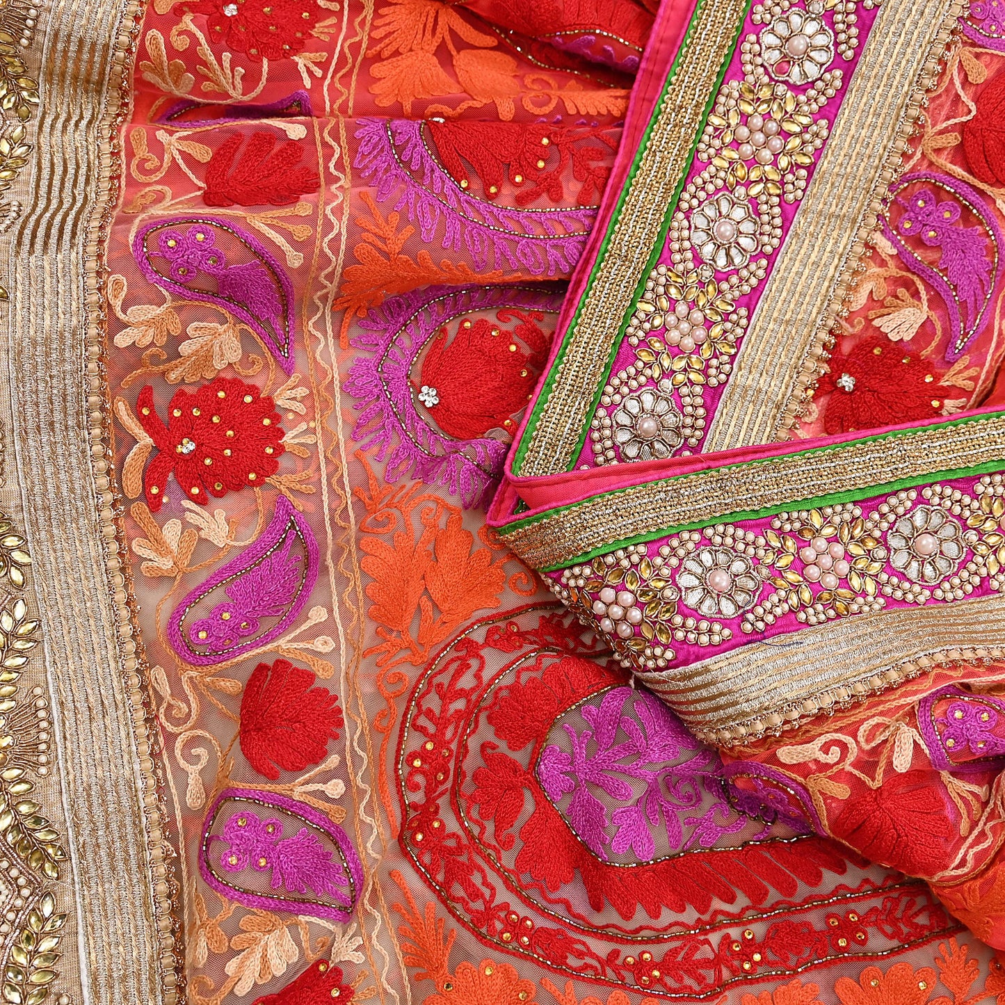 Indian Vintage Sari White & Orange Net/Mesh Hand Embroidered Designer Manish Malhotra Sarees 5Yd Ethnic Zardozi/Dabka Zari Wedding Saree