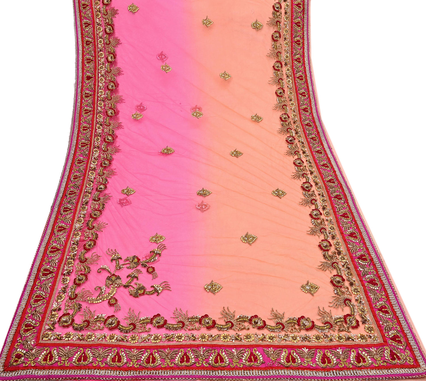 Indian Vintage Sari Pink & Orange Net/Mesh Hand Embroidered Designer Manish Malhotra Sarees 5Yd Ethnic Zardozi/Dabka Zari Wedding Saree