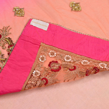Indian Vintage Sari Pink & Orange Net/Mesh Hand Embroidered Designer Manish Malhotra Sarees 5Yd Ethnic Zardozi/Dabka Zari Wedding Saree
