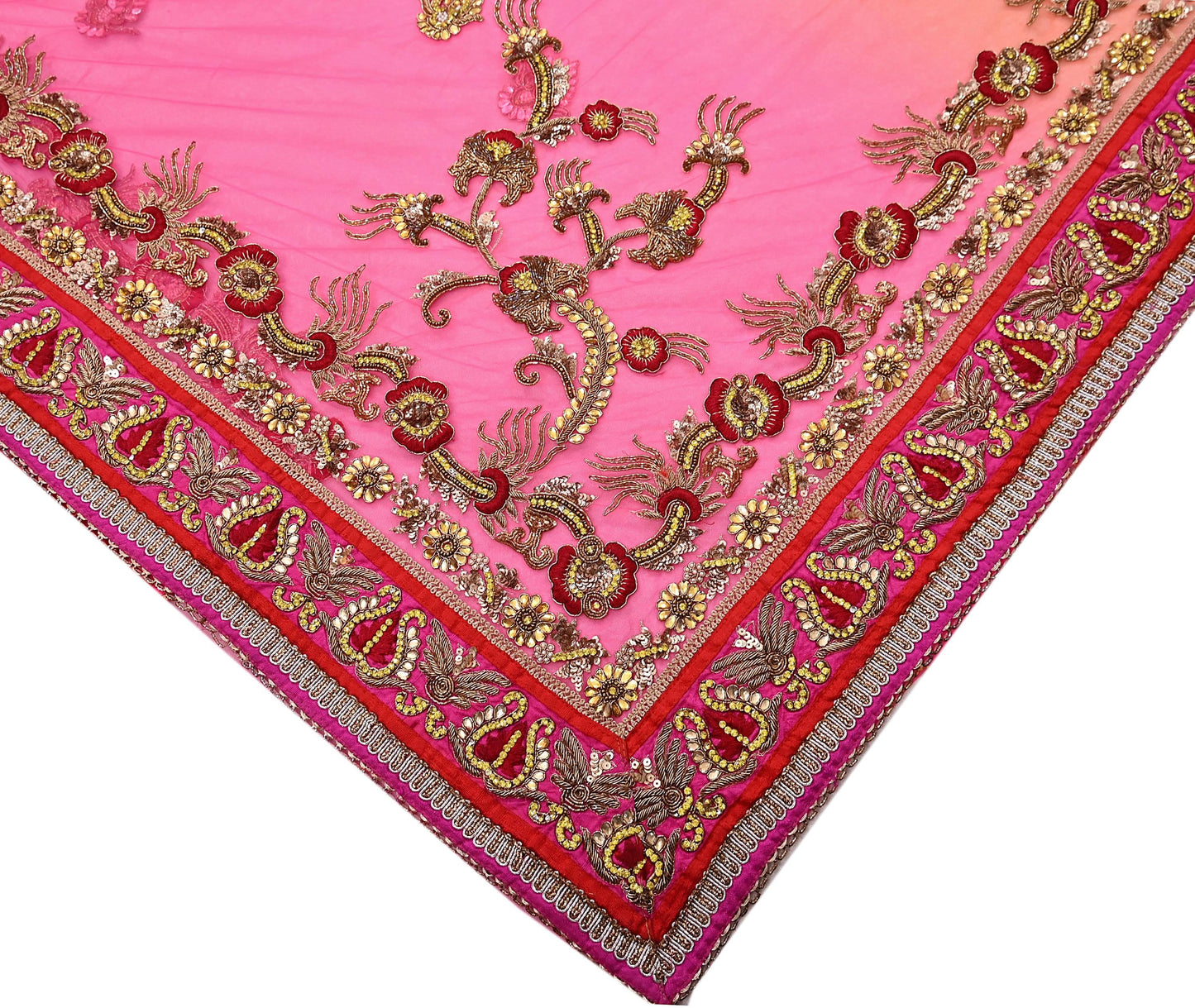 Indian Vintage Sari Pink & Orange Net/Mesh Hand Embroidered Designer Manish Malhotra Sarees 5Yd Ethnic Zardozi/Dabka Zari Wedding Saree