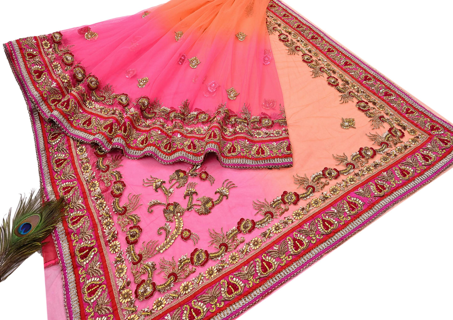 Indian Vintage Sari Pink & Orange Net/Mesh Hand Embroidered Designer Manish Malhotra Sarees 5Yd Ethnic Zardozi/Dabka Zari Wedding Saree