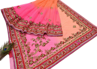Indian Vintage Sari Pink & Orange Net/Mesh Hand Embroidered Designer Manish Malhotra Sarees 5Yd Ethnic Zardozi/Dabka Zari Wedding Saree