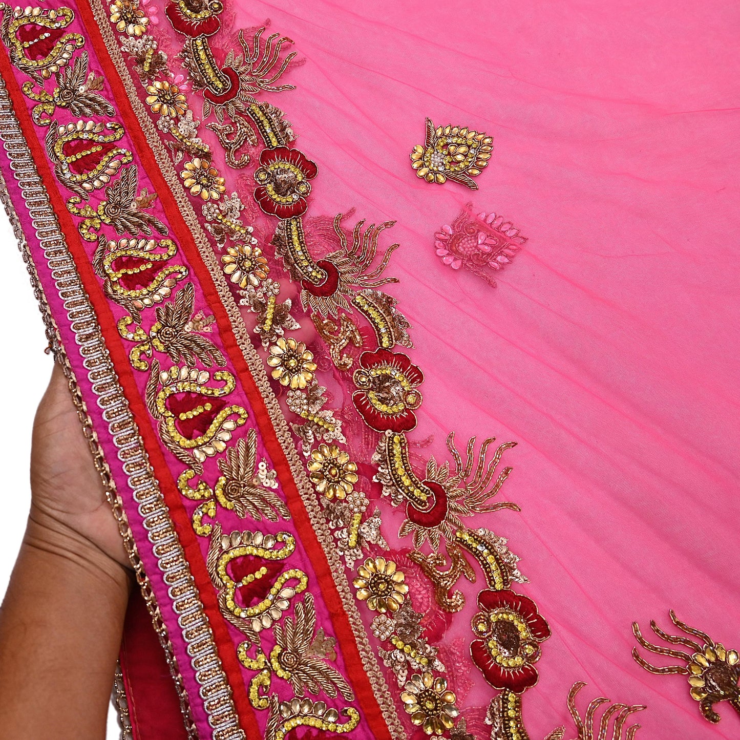 Indian Vintage Sari Pink & Orange Net/Mesh Hand Embroidered Designer Manish Malhotra Sarees 5Yd Ethnic Zardozi/Dabka Zari Wedding Saree