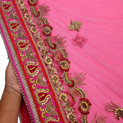 Indian Vintage Sari Pink & Orange Net/Mesh Hand Embroidered Designer Manish Malhotra Sarees 5Yd Ethnic Zardozi/Dabka Zari Wedding Saree