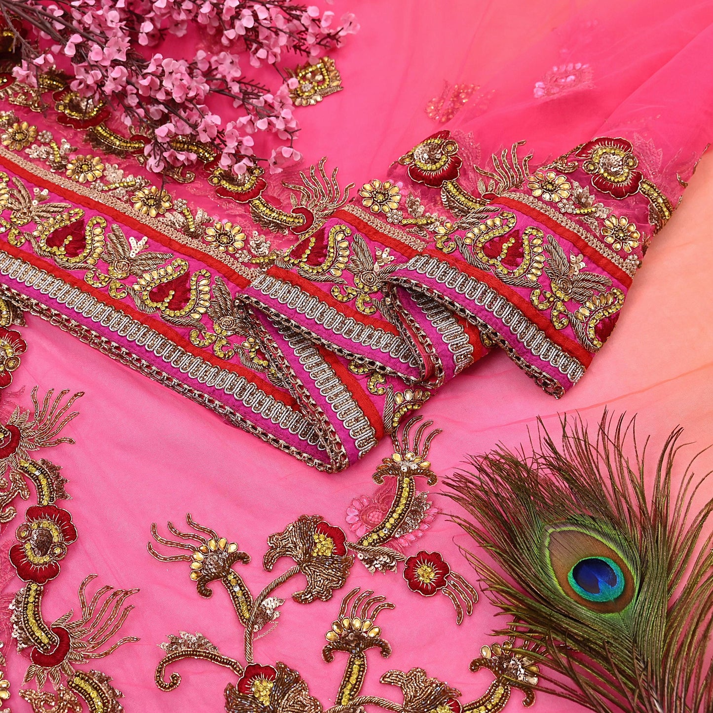 Indian Vintage Sari Pink & Orange Net/Mesh Hand Embroidered Designer Manish Malhotra Sarees 5Yd Ethnic Zardozi/Dabka Zari Wedding Saree