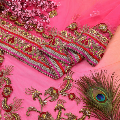 Indian Vintage Sari Pink & Orange Net/Mesh Hand Embroidered Designer Manish Malhotra Sarees 5Yd Ethnic Zardozi/Dabka Zari Wedding Saree