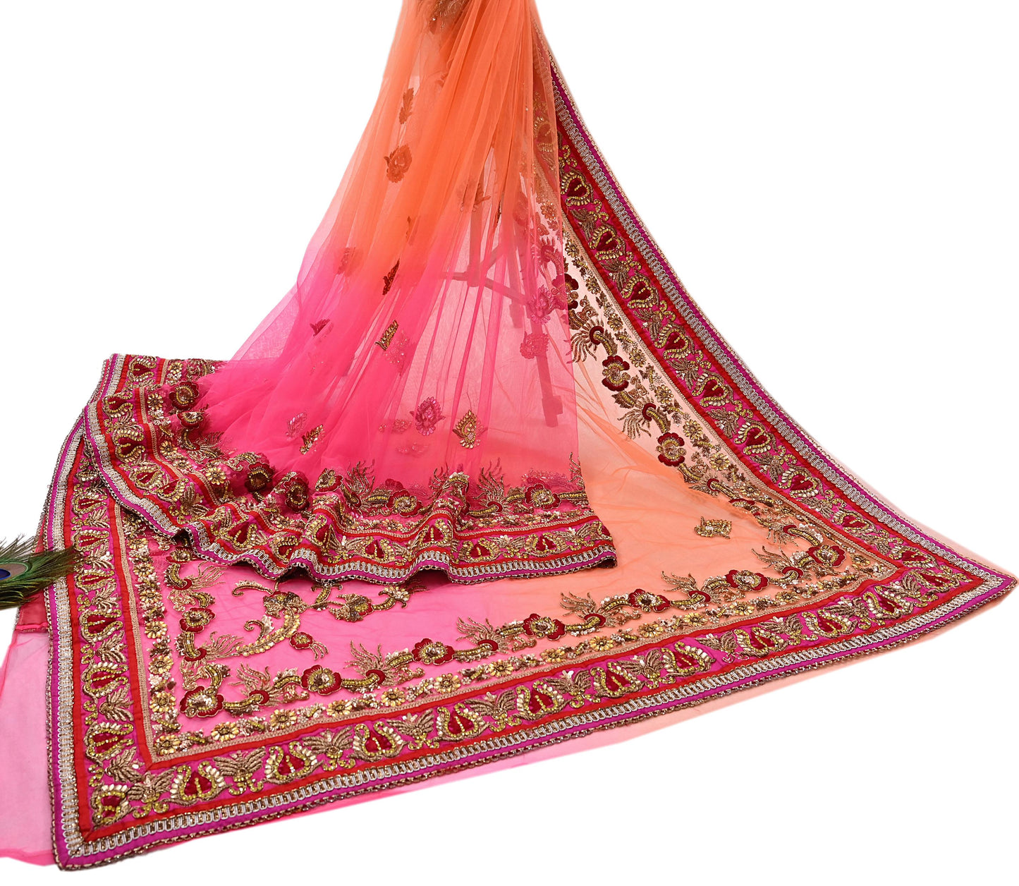Indian Vintage Sari Pink & Orange Net/Mesh Hand Embroidered Designer Manish Malhotra Sarees 5Yd Ethnic Zardozi/Dabka Zari Wedding Saree