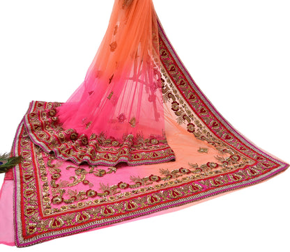 Indian Vintage Sari Pink & Orange Net/Mesh Hand Embroidered Designer Manish Malhotra Sarees 5Yd Ethnic Zardozi/Dabka Zari Wedding Saree