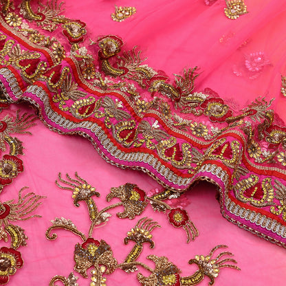 Indian Vintage Sari Pink & Orange Net/Mesh Hand Embroidered Designer Manish Malhotra Sarees 5Yd Ethnic Zardozi/Dabka Zari Wedding Saree