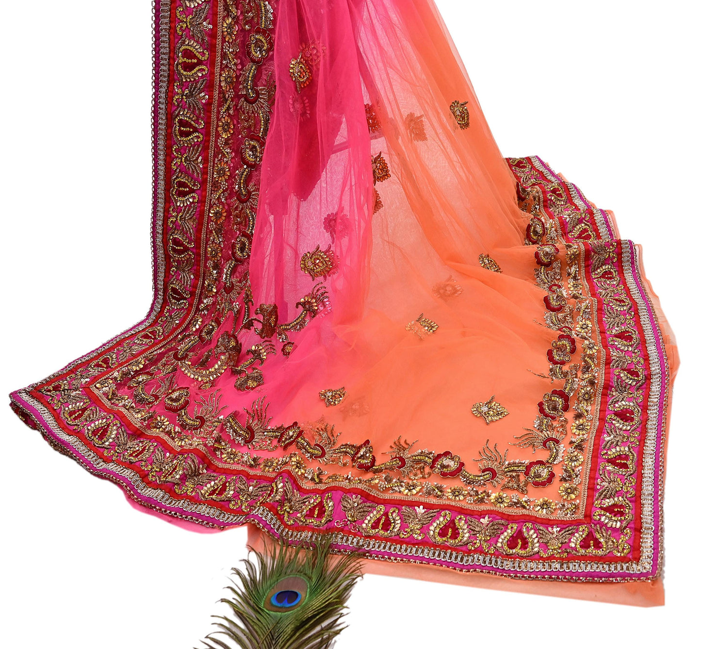 Indian Vintage Sari Pink & Orange Net/Mesh Hand Embroidered Designer Manish Malhotra Sarees 5Yd Ethnic Zardozi/Dabka Zari Wedding Saree