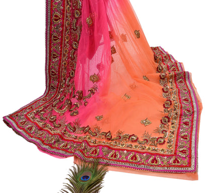 Indian Vintage Sari Pink & Orange Net/Mesh Hand Embroidered Designer Manish Malhotra Sarees 5Yd Ethnic Zardozi/Dabka Zari Wedding Saree