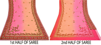 Indian Vintage Sari Pink & Orange Net/Mesh Hand Embroidered Designer Manish Malhotra Sarees 5Yd Ethnic Zardozi/Dabka Zari Wedding Saree