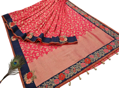 Rare Vintage Sari Pink Pure Silk Hand Embroidered Sarees Designer Sabyasachi 6Yd Sewing Ethnic Bollywood party wear saree