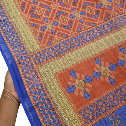Indian Vintage Sari Orange Pure Cotton Printed Sarees Craft Fabric Soft 5Yd Sarong Wrap Boho Fabric Kimono Quilting Crafting Upcycle