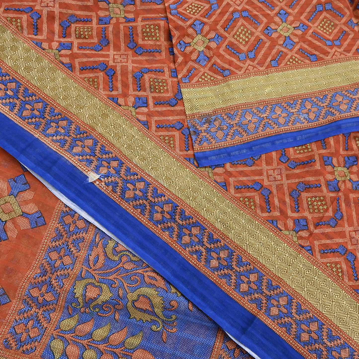 Indian Vintage Sari Orange Pure Cotton Printed Sarees Craft Fabric Soft 5Yd Sarong Wrap Boho Fabric Kimono Quilting Crafting Upcycle