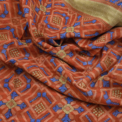 Indian Vintage Sari Orange Pure Cotton Printed Sarees Craft Fabric Soft 5Yd Sarong Wrap Boho Fabric Kimono Quilting Crafting Upcycle