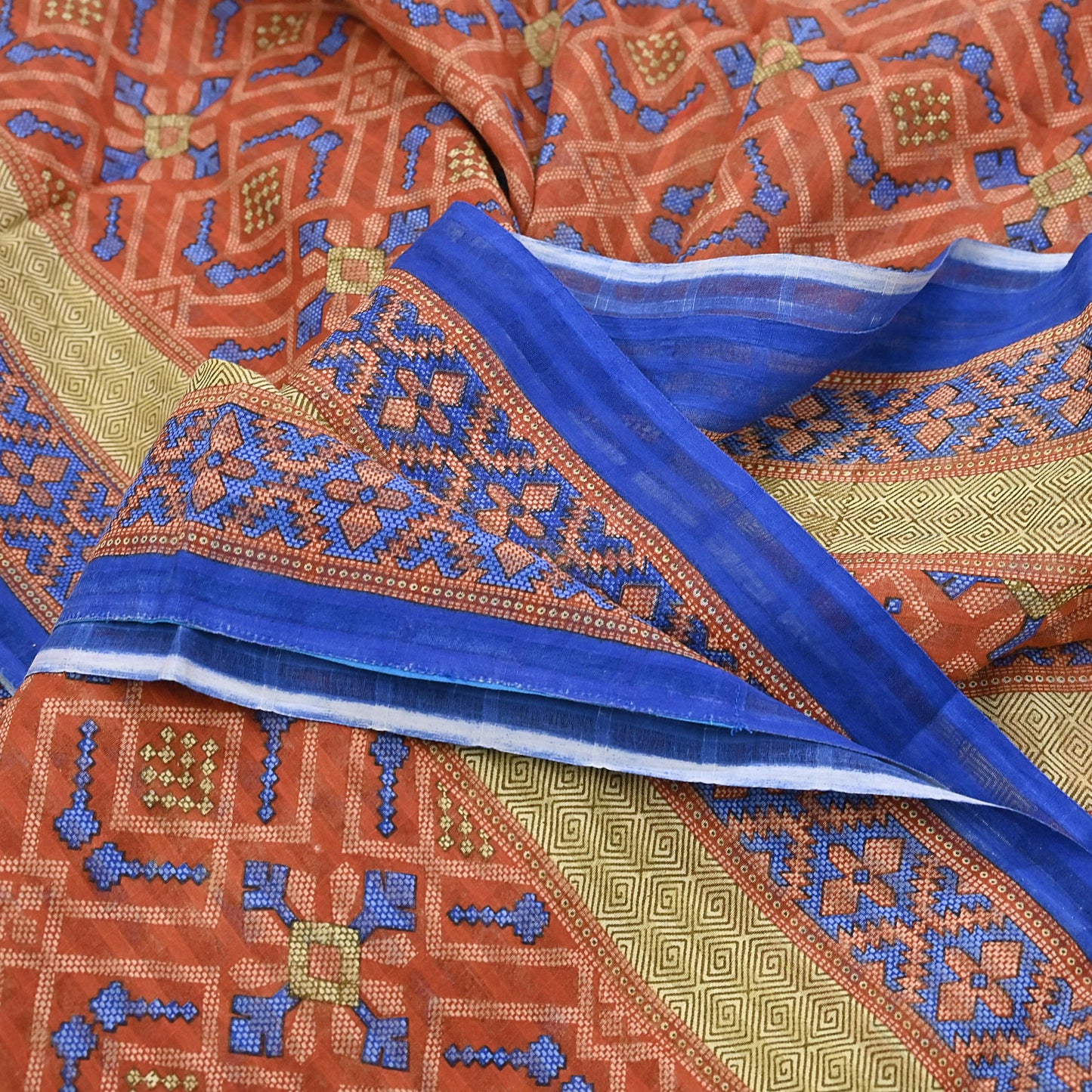 Indian Vintage Sari Orange Pure Cotton Printed Sarees Craft Fabric Soft 5Yd Sarong Wrap Boho Fabric Kimono Quilting Crafting Upcycle