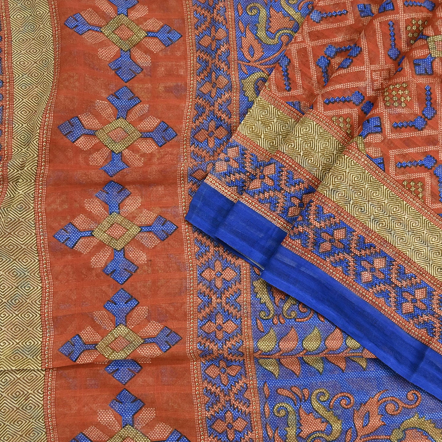 Indian Vintage Sari Orange Pure Cotton Printed Sarees Craft Fabric Soft 5Yd Sarong Wrap Boho Fabric Kimono Quilting Crafting Upcycle