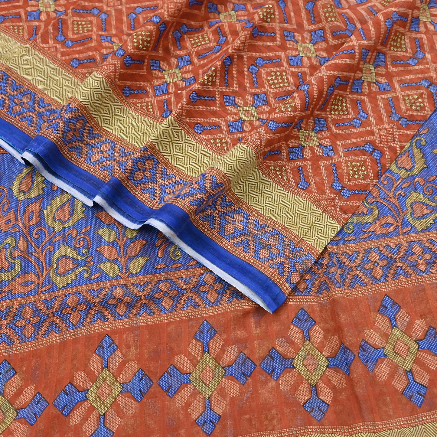Indian Vintage Sari Orange Pure Cotton Printed Sarees Craft Fabric Soft 5Yd Sarong Wrap Boho Fabric Kimono Quilting Crafting Upcycle