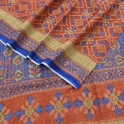 Indian Vintage Sari Orange Pure Cotton Printed Sarees Craft Fabric Soft 5Yd Sarong Wrap Boho Fabric Kimono Quilting Crafting Upcycle