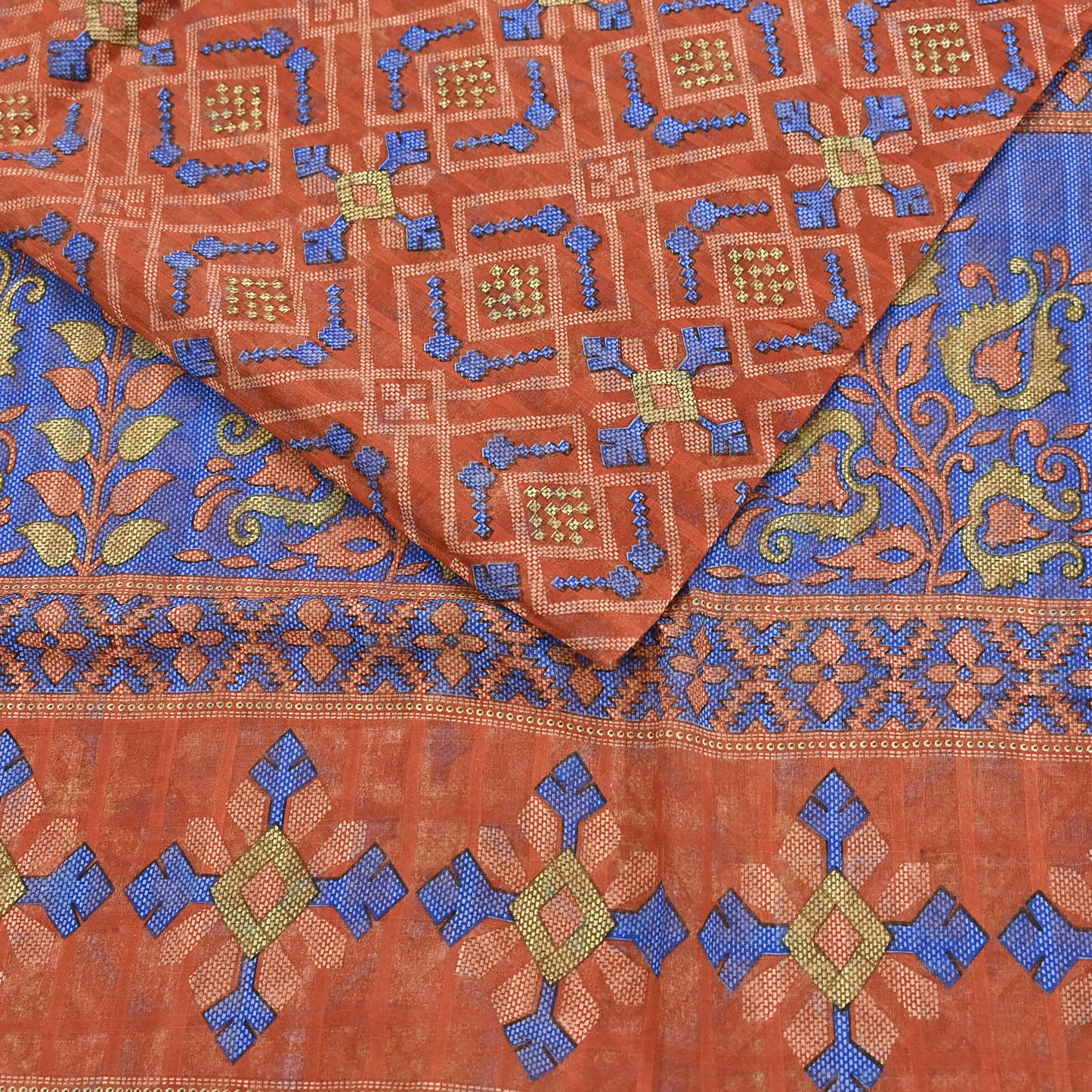 Indian Vintage Sari Orange Pure Cotton Printed Sarees Craft Fabric Soft 5Yd Sarong Wrap Boho Fabric Kimono Quilting Crafting Upcycle