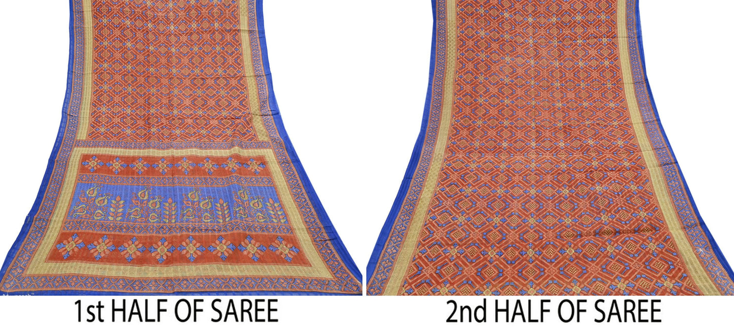 Indian Vintage Sari Orange Pure Cotton Printed Sarees Craft Fabric Soft 5Yd Sarong Wrap Boho Fabric Kimono Quilting Crafting Upcycle