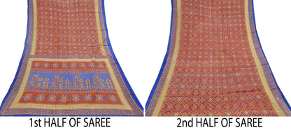 Indian Vintage Sari Orange Pure Cotton Printed Sarees Craft Fabric Soft 5Yd Sarong Wrap Boho Fabric Kimono Quilting Crafting Upcycle