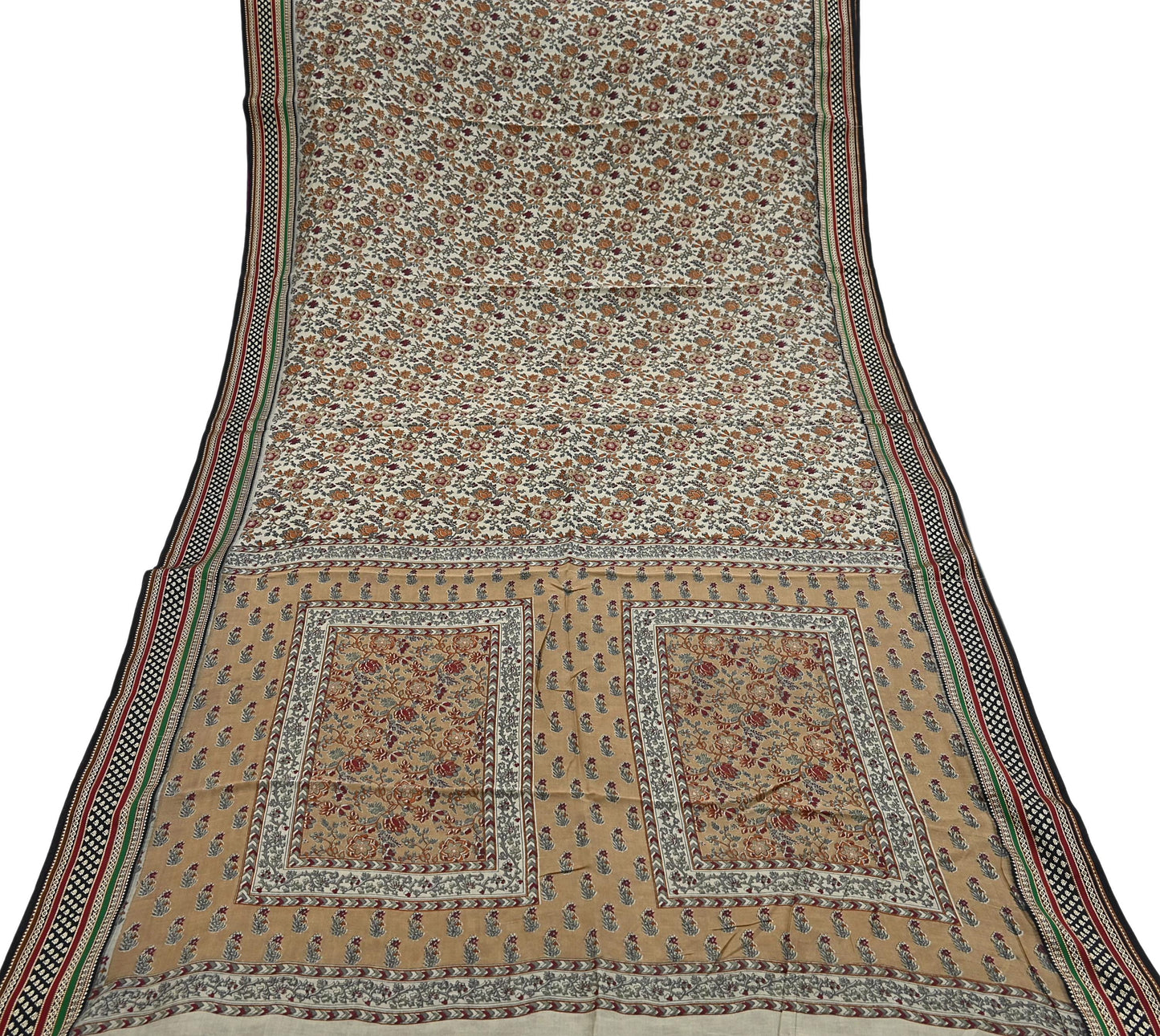 Indian Vintage Gray & Brown Saree Blend Cotton Printed Indian Sari Craft Soft Fabric 5Yard Sewing Sarong Wrap Floral Floral