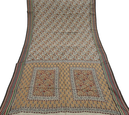 Indian Vintage Gray & Brown Saree Blend Cotton Printed Indian Sari Craft Soft Fabric 5Yard Sewing Sarong Wrap Floral Floral