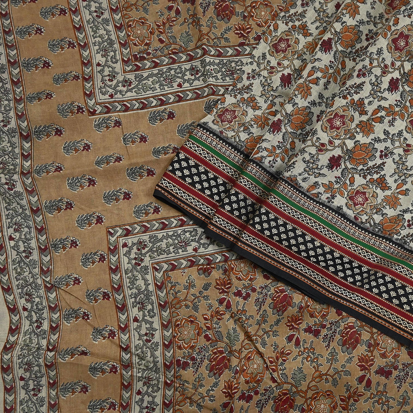 Indian Vintage Gray & Brown Saree Blend Cotton Printed Indian Sari Craft Soft Fabric 5Yard Sewing Sarong Wrap Floral Floral
