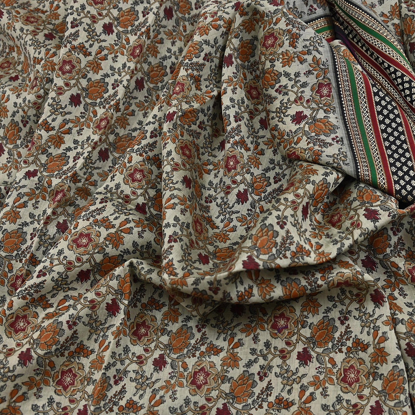 Indian Vintage Gray & Brown Saree Blend Cotton Printed Indian Sari Craft Soft Fabric 5Yard Sewing Sarong Wrap Floral Floral