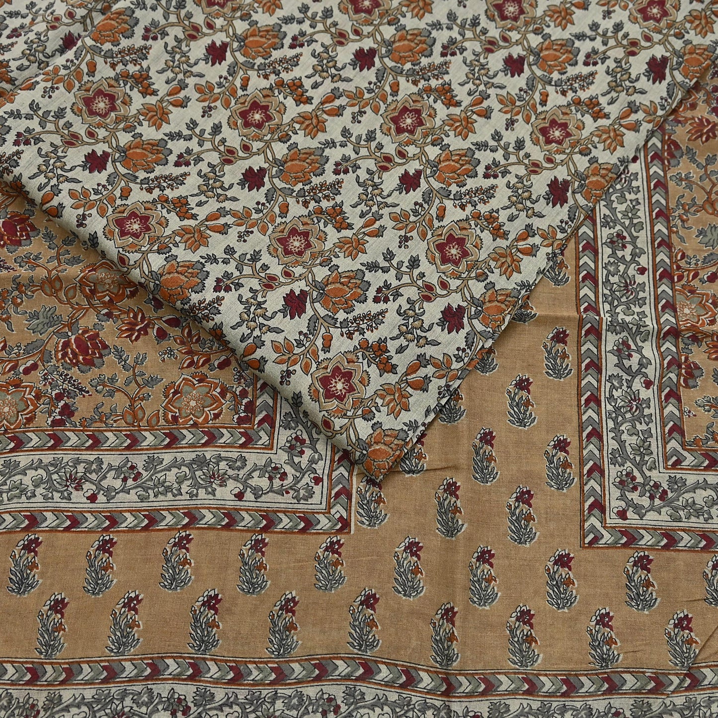 Indian Vintage Gray & Brown Saree Blend Cotton Printed Indian Sari Craft Soft Fabric 5Yard Sewing Sarong Wrap Floral Floral