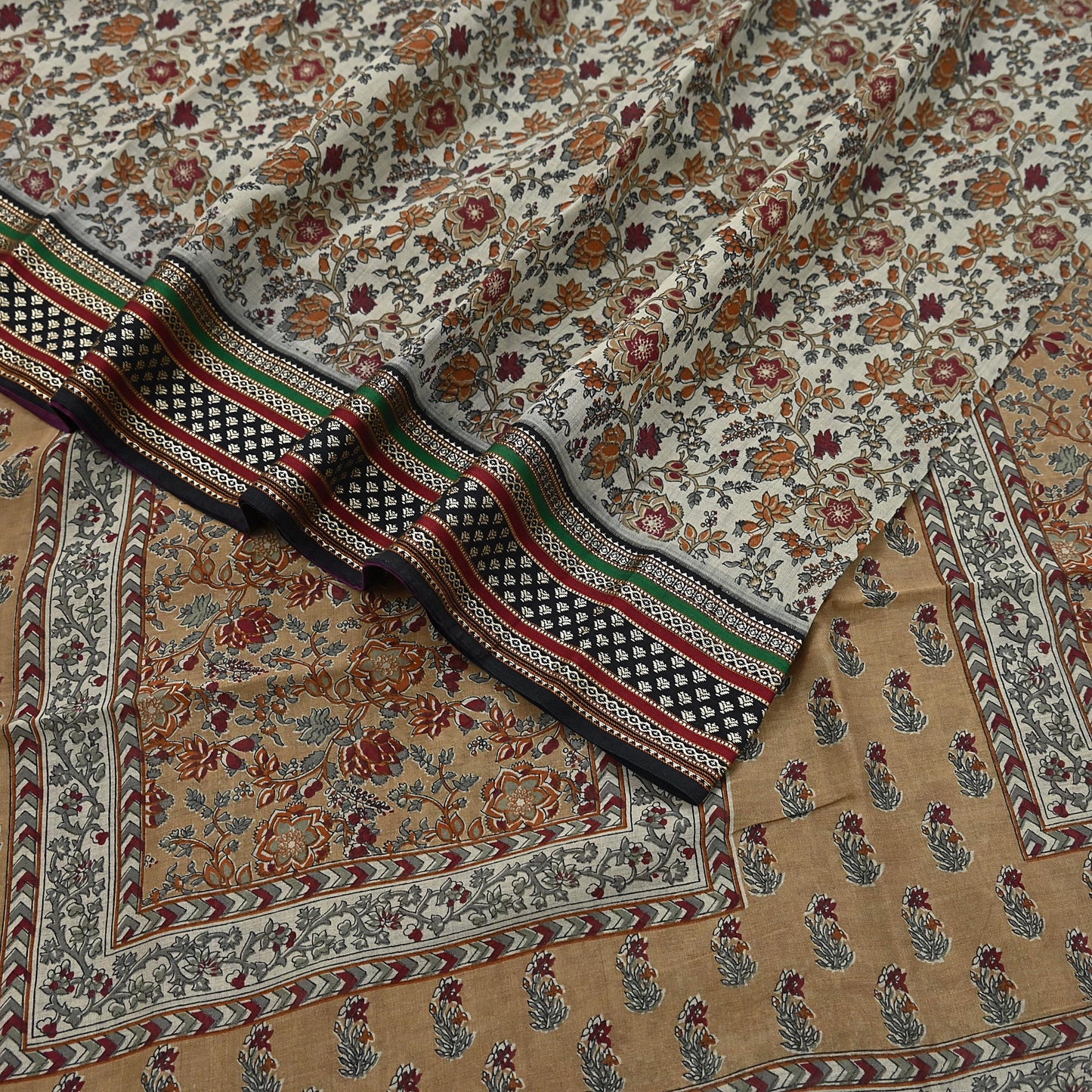 Indian Vintage Gray & Brown Saree Blend Cotton Printed Indian Sari Craft Soft Fabric 5Yard Sewing Sarong Wrap Floral Floral