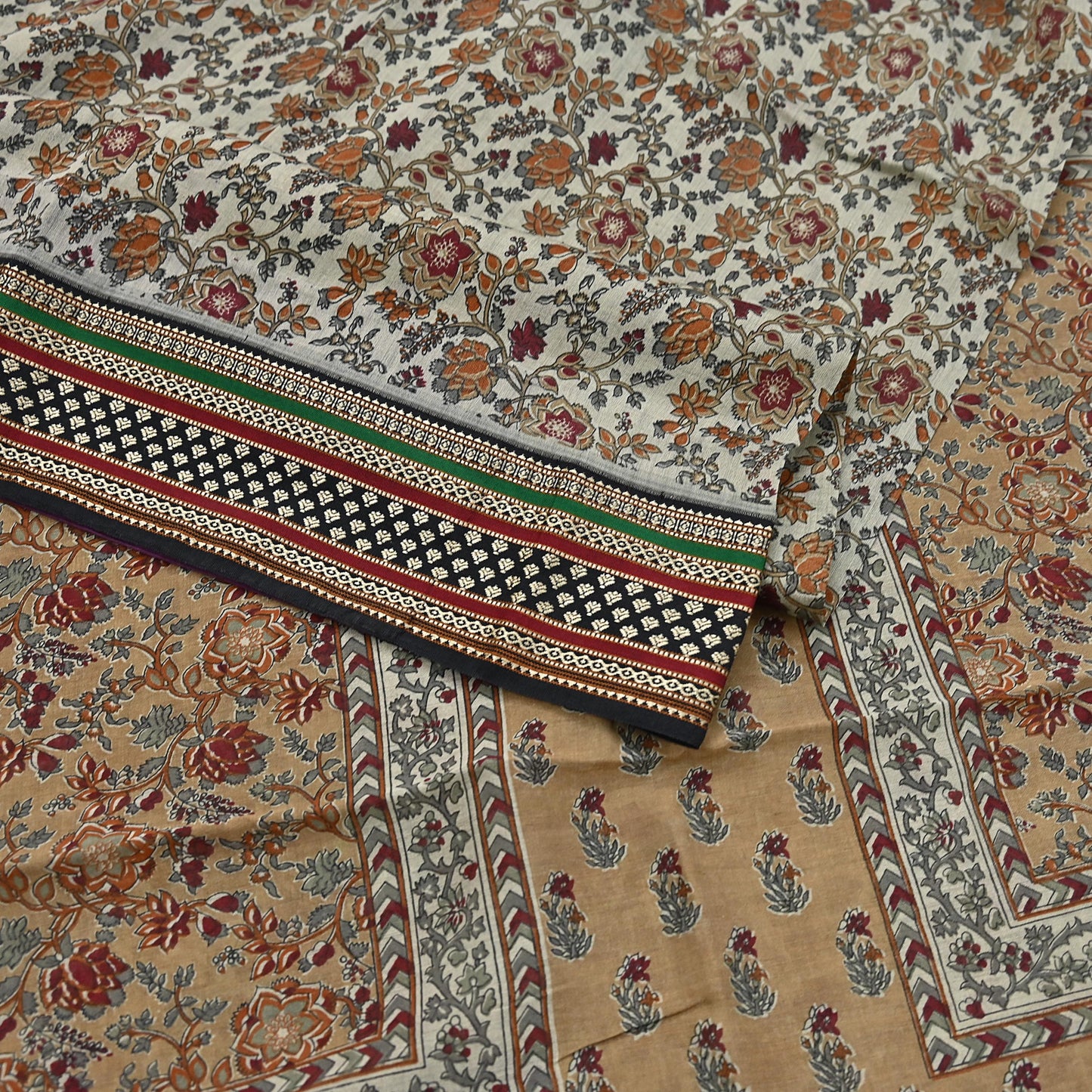Indian Vintage Gray & Brown Saree Blend Cotton Printed Indian Sari Craft Soft Fabric 5Yard Sewing Sarong Wrap Floral Floral