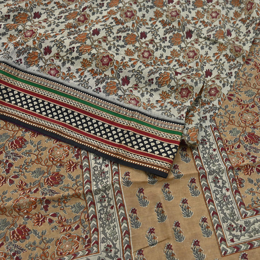 Indian Vintage Gray & Brown Saree Blend Cotton Printed Indian Sari Craft Soft Fabric 5Yard Sewing Sarong Wrap Floral Floral