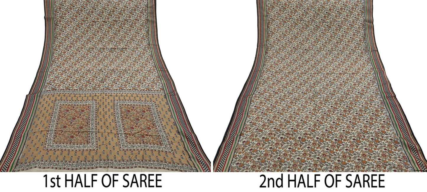 Indian Vintage Gray & Brown Saree Blend Cotton Printed Indian Sari Craft Soft Fabric 5Yard Sewing Sarong Wrap Floral Floral