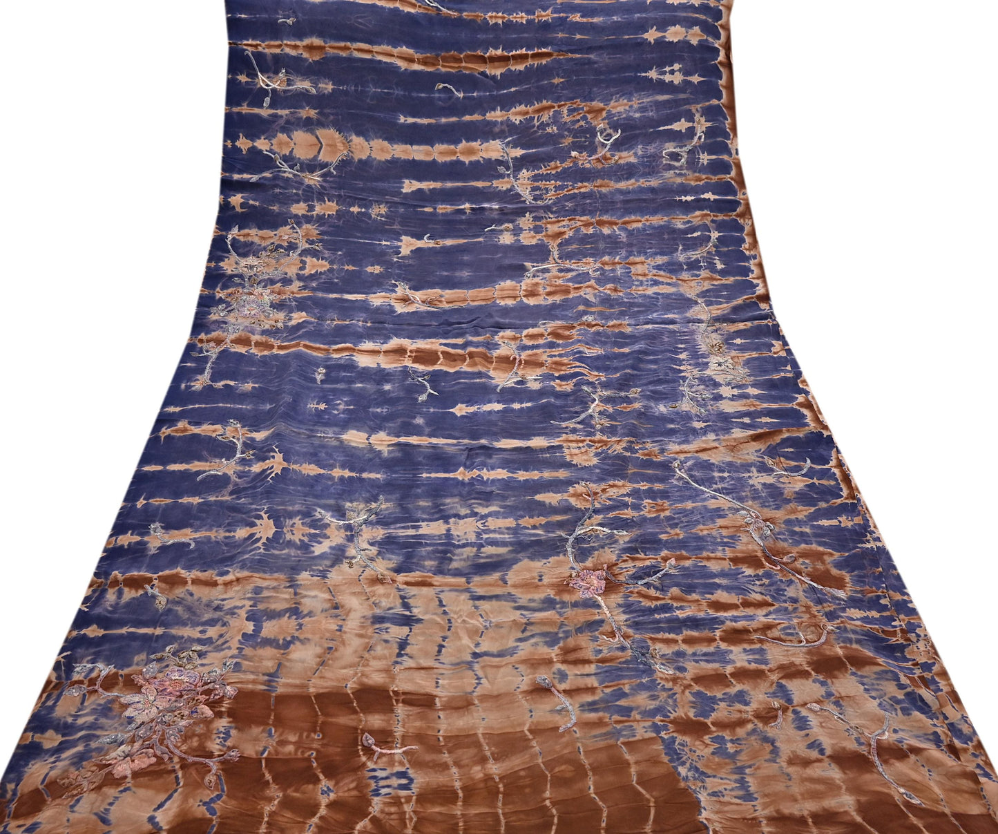Indian Vintage Saree Brown & Purple Pure Crepe Silk Tie-Dye Embroidered Sari Fabric 6yard Sewing Floral Soft Zari